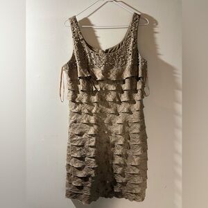 Jessica Howard Beaded Taupe Tiered Ruffle Mini Dress